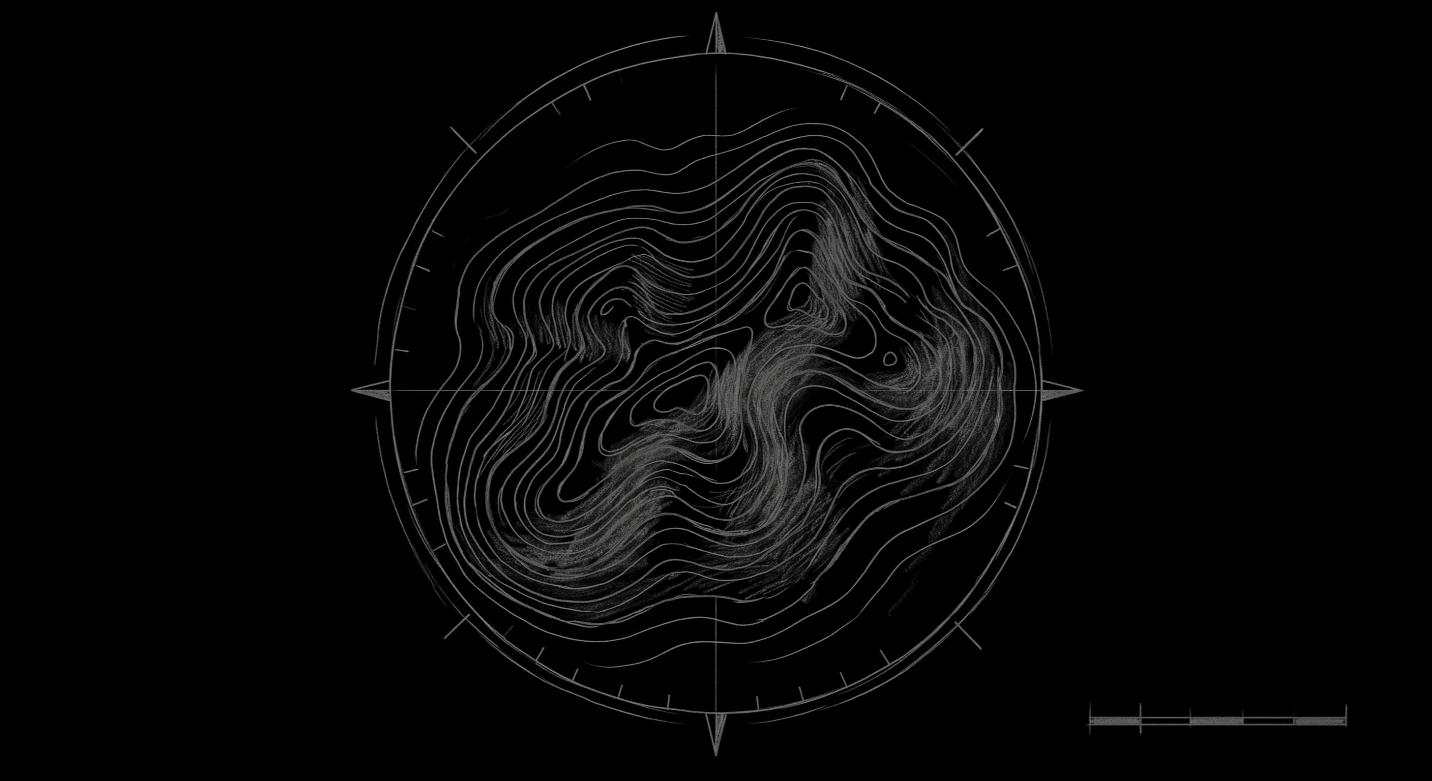 Hand-drawn topographic contour map inside a compass rose, standing for a map of where AI already lives in the organization.