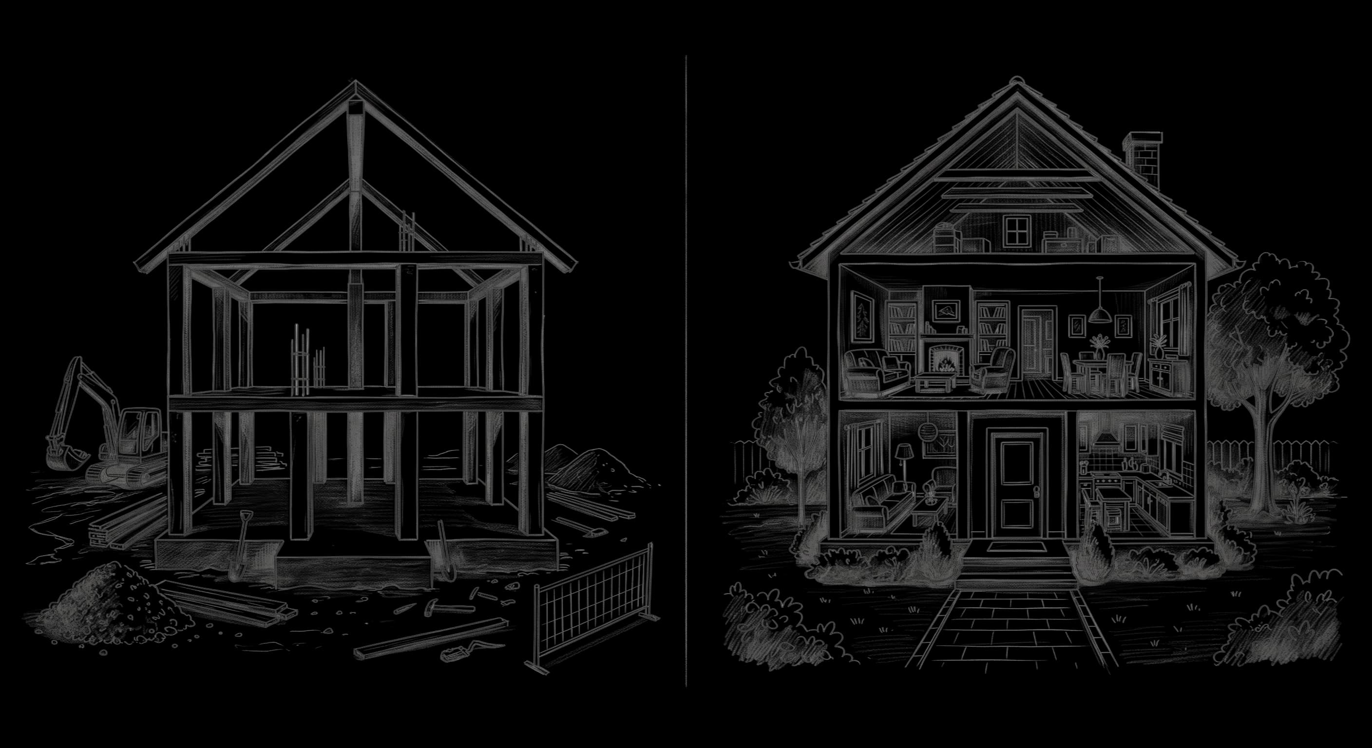 Hand-drawn unfinished framed house under construction.