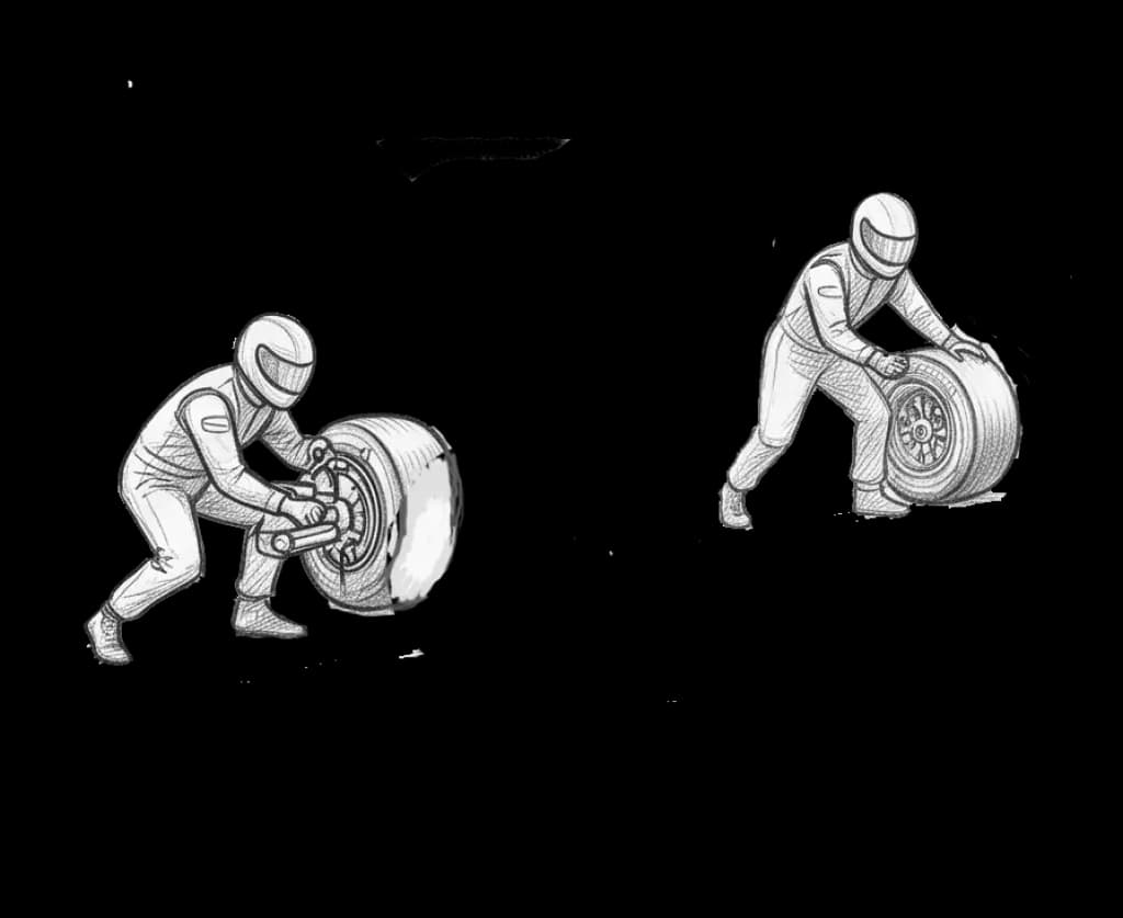 Pit-crew mechanics at the left wheel