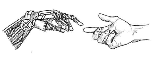 Illustration of a robot's hand reaching out to touch a human's hand, signifying progress and humanity