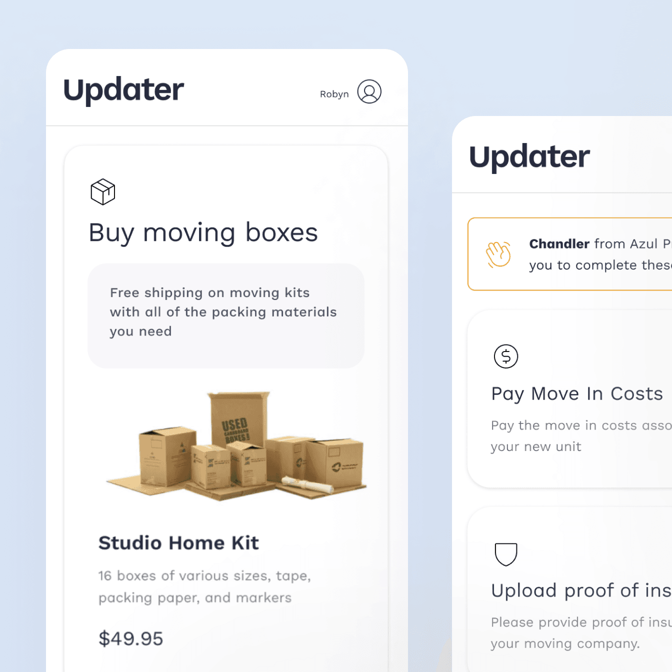 Two software interfaces show the Updater application in use to demonstrate in the application where a person can buy moving boxes or see a list of tasks related to moving into a new home 