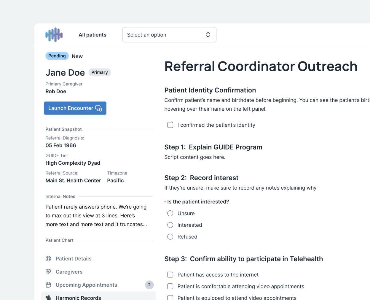 Harmonic software interface is shown to demonstrate the Harmonic Referral Coordination Outreach feature