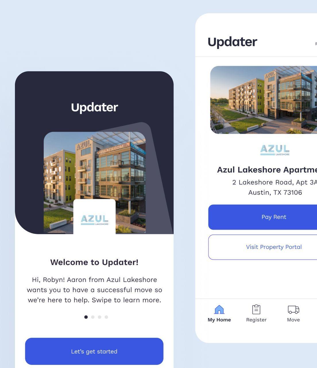 Two Updater software application interfaces are shown, to demonstrate how a user can get started with the Updater app